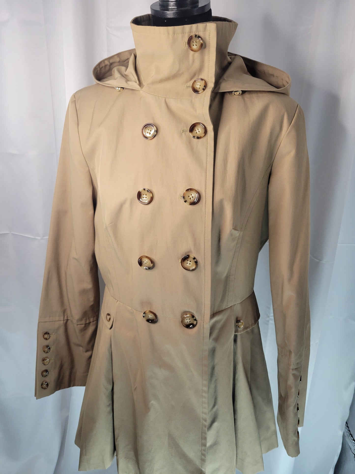 Calvin Klein Women's Classic Tan Double-Breasted Trench Coat with Pleated Back & Removable Hood