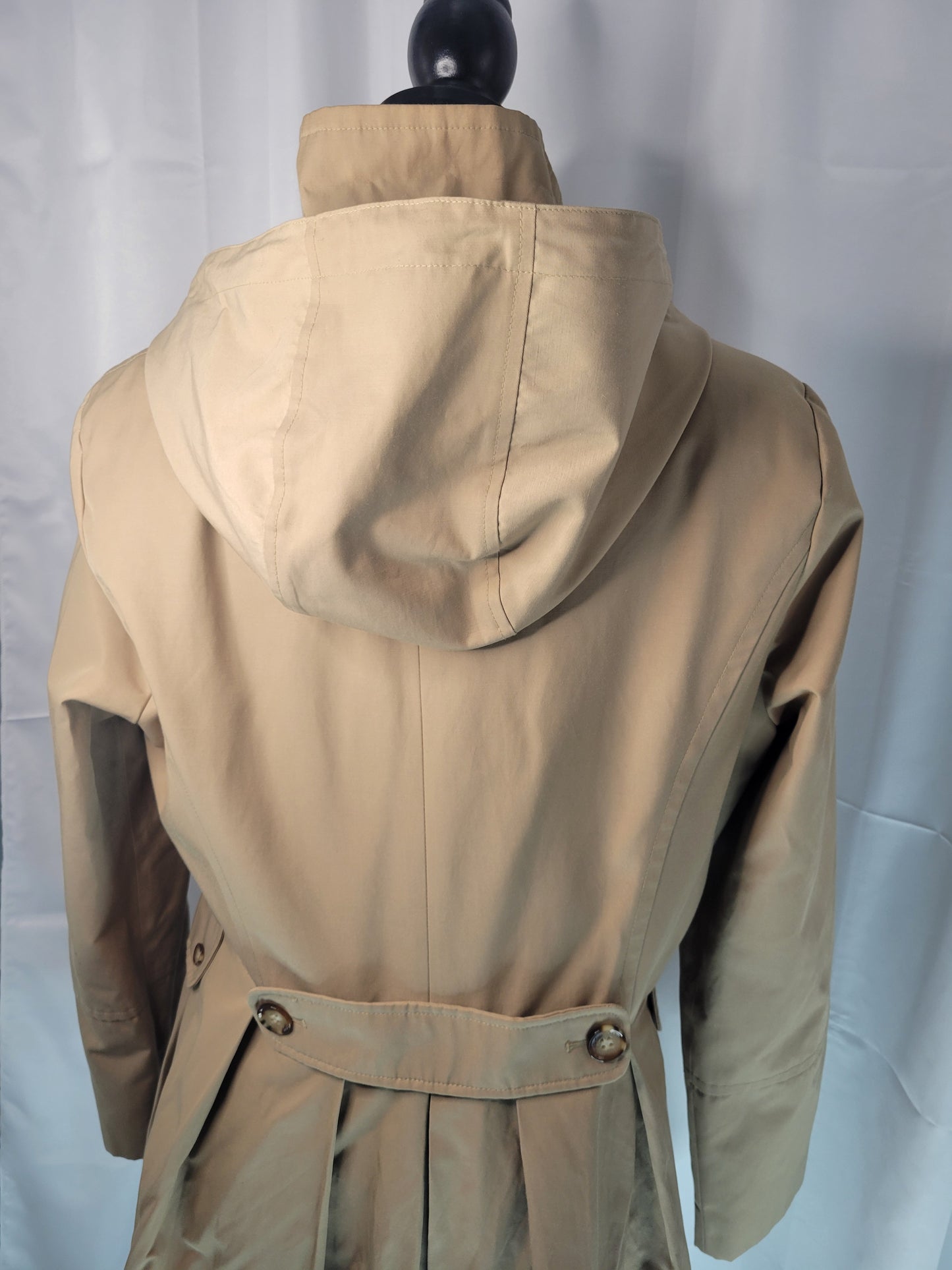 Calvin Klein Women's Classic Tan Double-Breasted Trench Coat with Pleated Back & Removable Hood