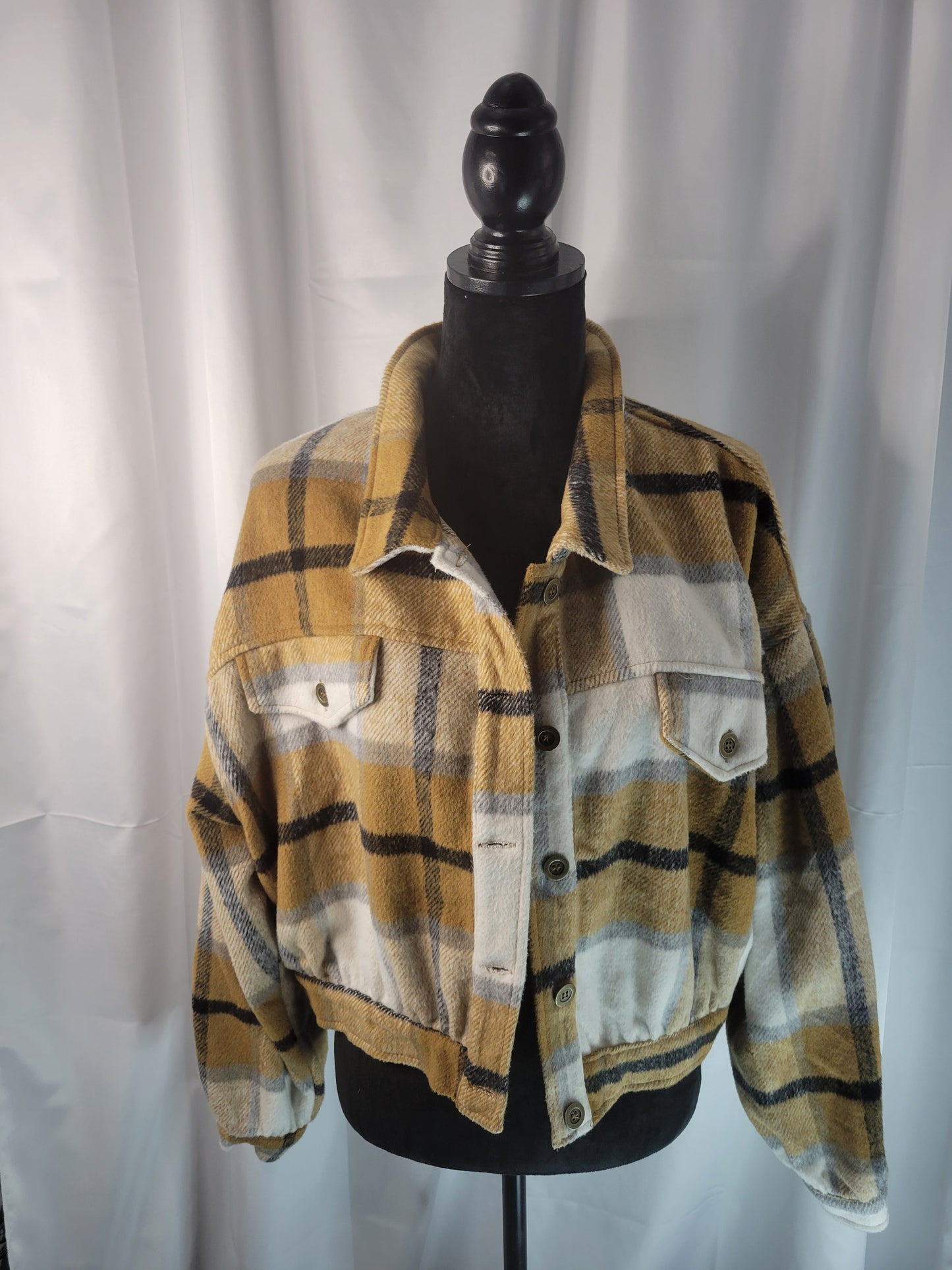 Hyfve Cozy Mustard & Cream Cropped Flannel Jacket - New Condition- Size 2XL