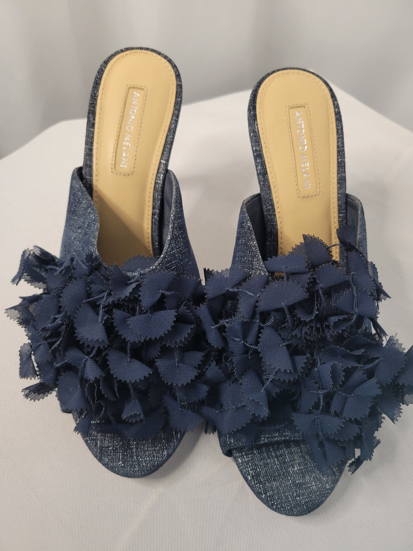 Antonio Melani | The Creative Edge Mules – Denim Fringe Slides - Gently Worn- Size 8.5