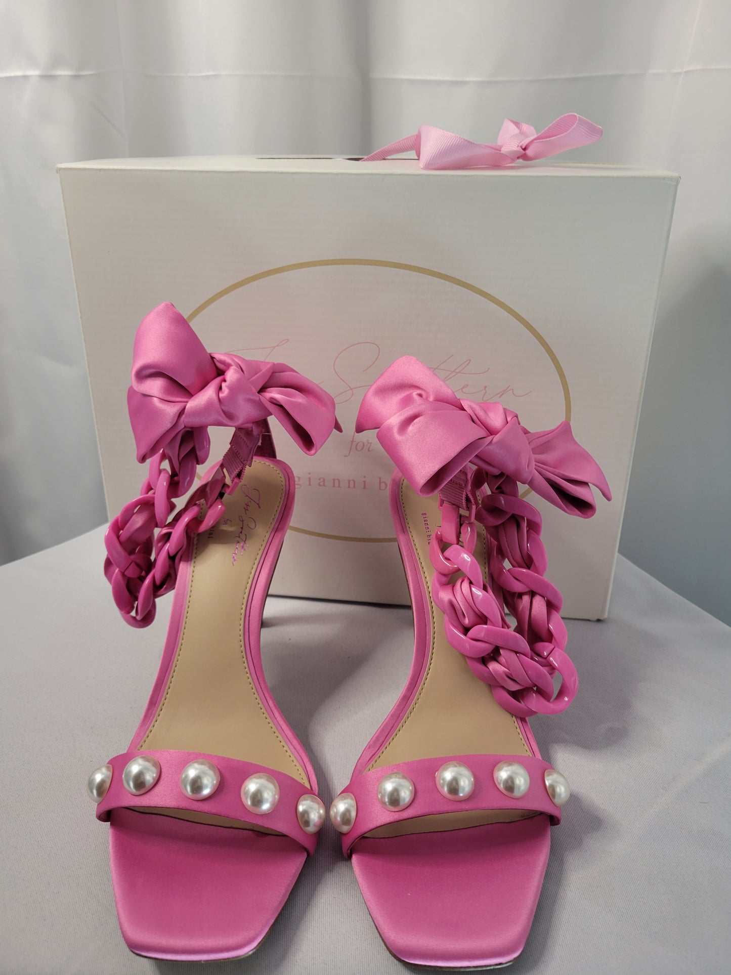 Gianni Bini | The CEO in Heels – Pearl & Chain Satin Sandals - New (with orig box)- Size. 8