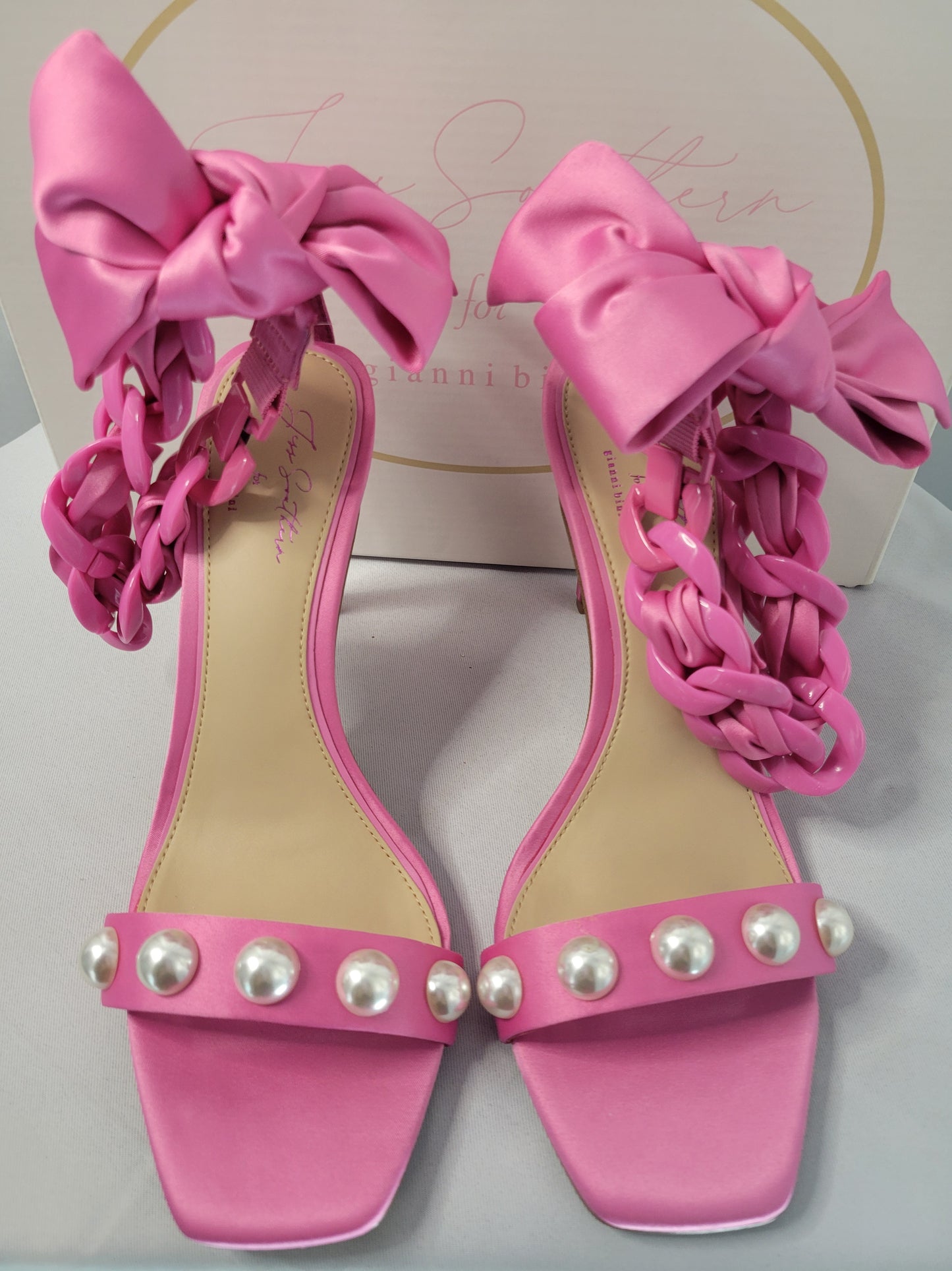 Gianni Bini | The CEO in Heels – Pearl & Chain Satin Sandals - New (with orig box)- Size. 8