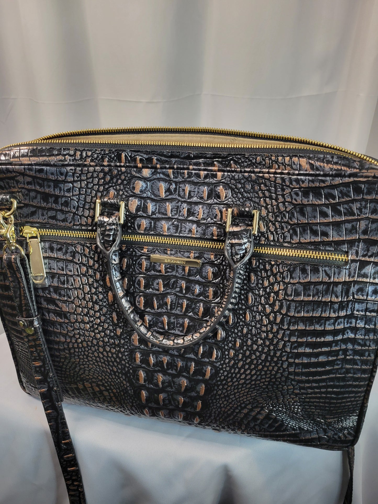 Brahmin Embossed Leather Briefcase – Metallic Silver, Copper & Black | Rarely Used