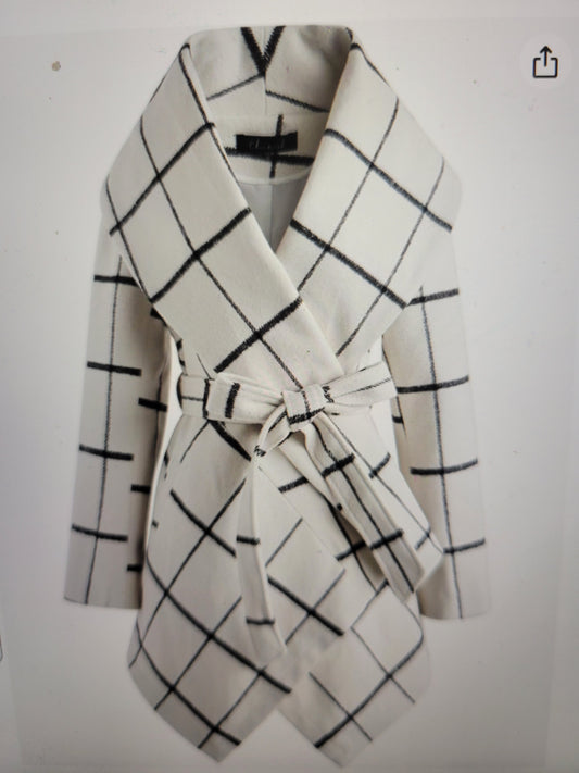 Chic White & Black Plaid Wrap Coat – Timeless Elegance Meets Modern Style
