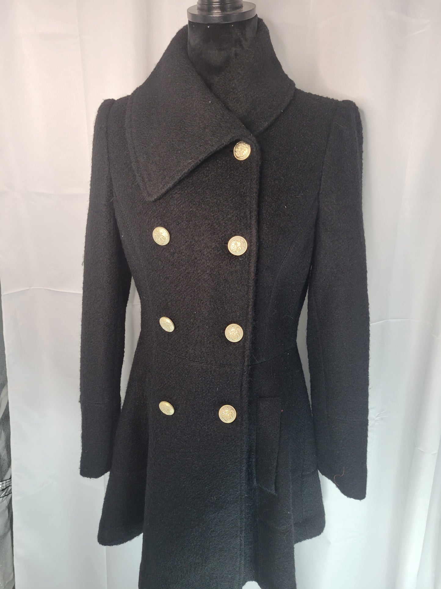 Timeless "Old Money" Black Wool Peacoat with Gold Button Detailing - Medium