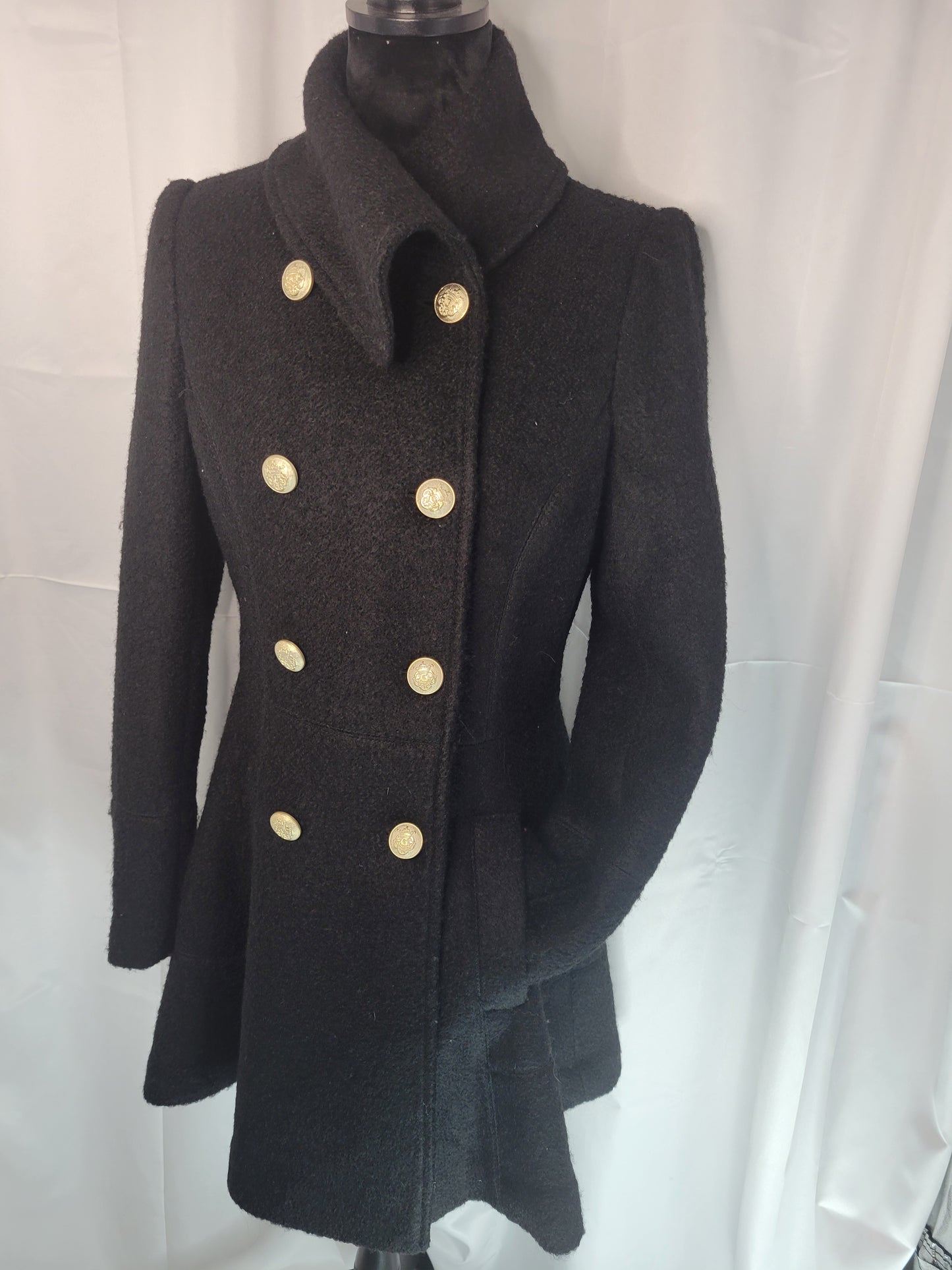 Timeless "Old Money" Black Wool Peacoat with Gold Button Detailing - Medium