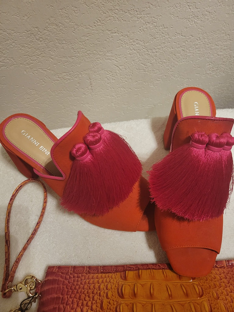 Gianni Bini | The Bold Move Mule – Red Satin Slides with Statement Tassels- Size 8.5